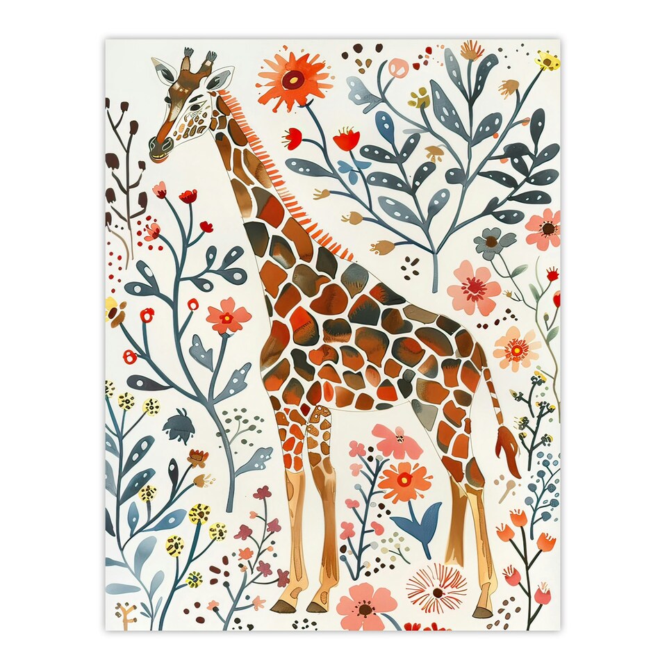 image 1 of Giraffe with Wildflowers Watercolour Folk Art Black Framed Wall Art Print A4
