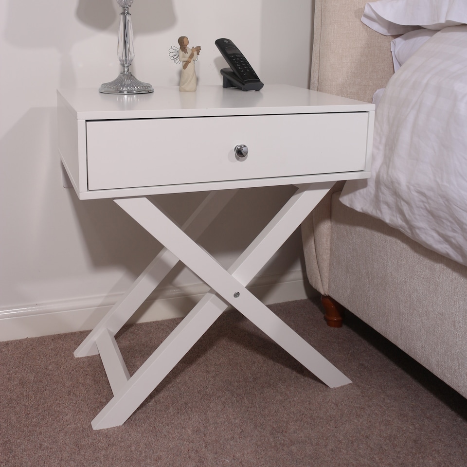 image 1 of Options 1 Drawer X-Frame Bedside Table - Painted Finish, Polished Metal Handle | White | White | One Size | 1