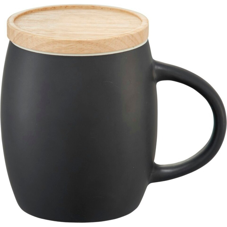 image 1 of Avenue Hearth Ceramic Mug With Wood Lid/Coaster - Solid Black/White - 10.4 x 7.5 cm