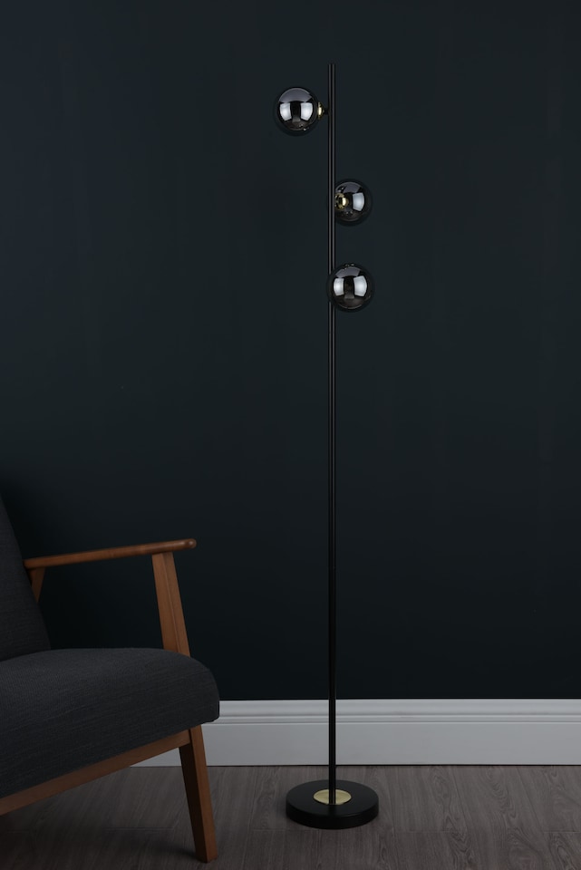 image 1 of Eaen 3 Light Black and Gold Floor Lamp with Smoked Glass