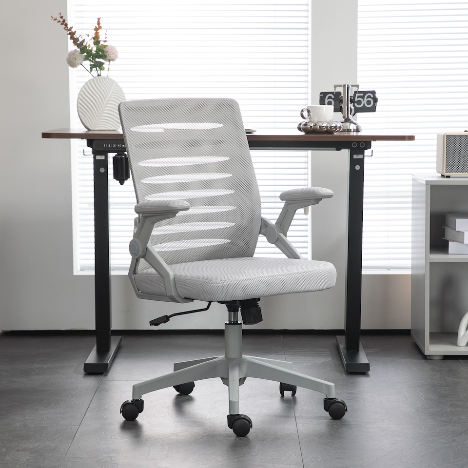 image 1 of Vinsetto Mesh Office Chair, Swivel Task Desk Chair with Lumbar Back Support, Flip-Up Arm, Adjustable Height for Home Office, Grey