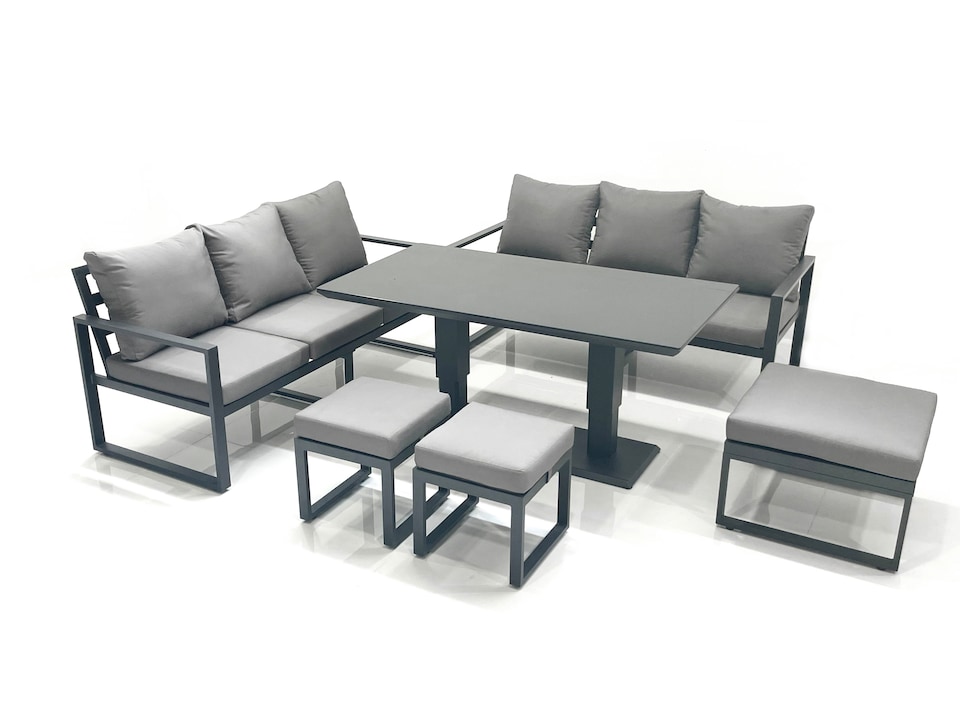 image 1 of Fimous 9 Seater Aluminium Outdoor Garden Furniture Set with Adjustable Rising Lifting Dining Table 3 Seater Sofa 3 Footstools Dark Grey