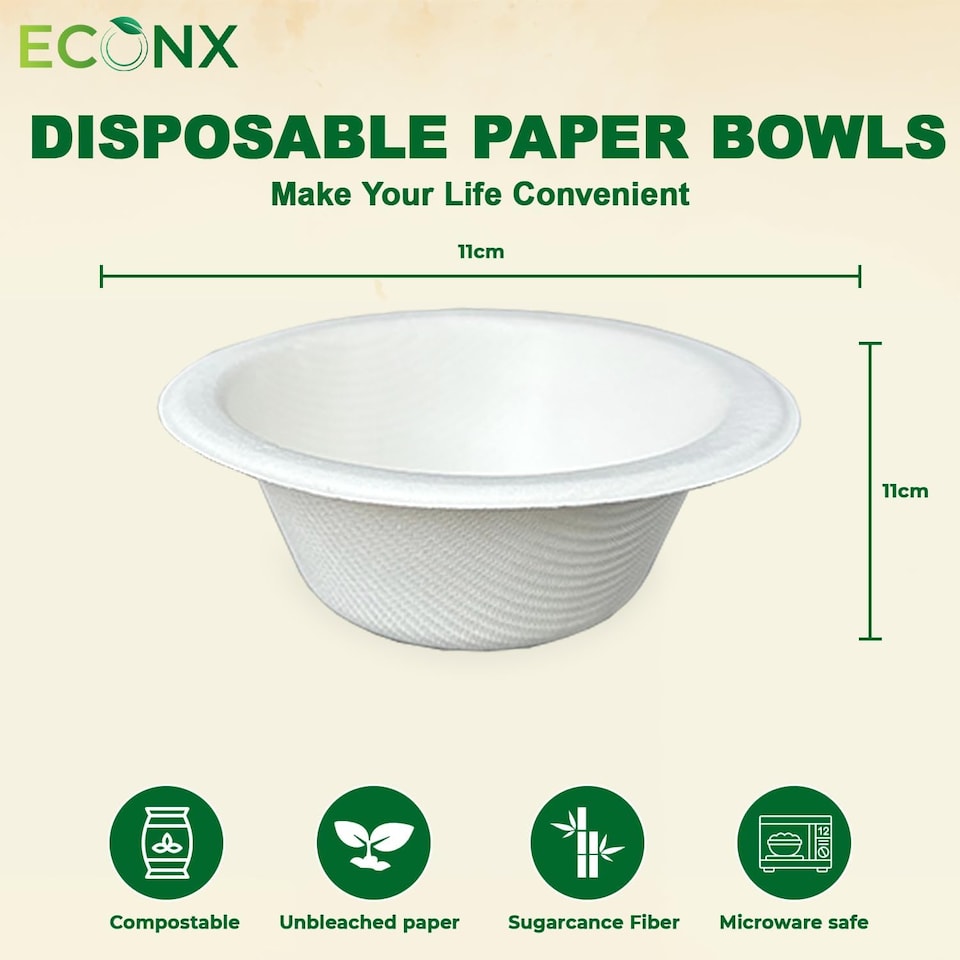 image 1 of ECONX 100Pcs Biodegradable Bagasse Bowls 6oz White Sugarcane Disposable Bowl