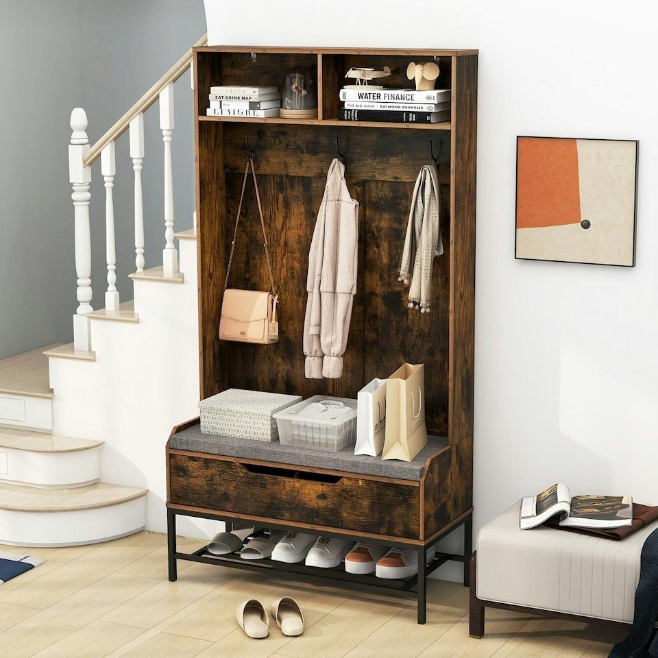 image 1 of COSTWAY 170cm Tall Hall Tree 4-in-1 Coat Rack Entryway Brown Brown | One Size