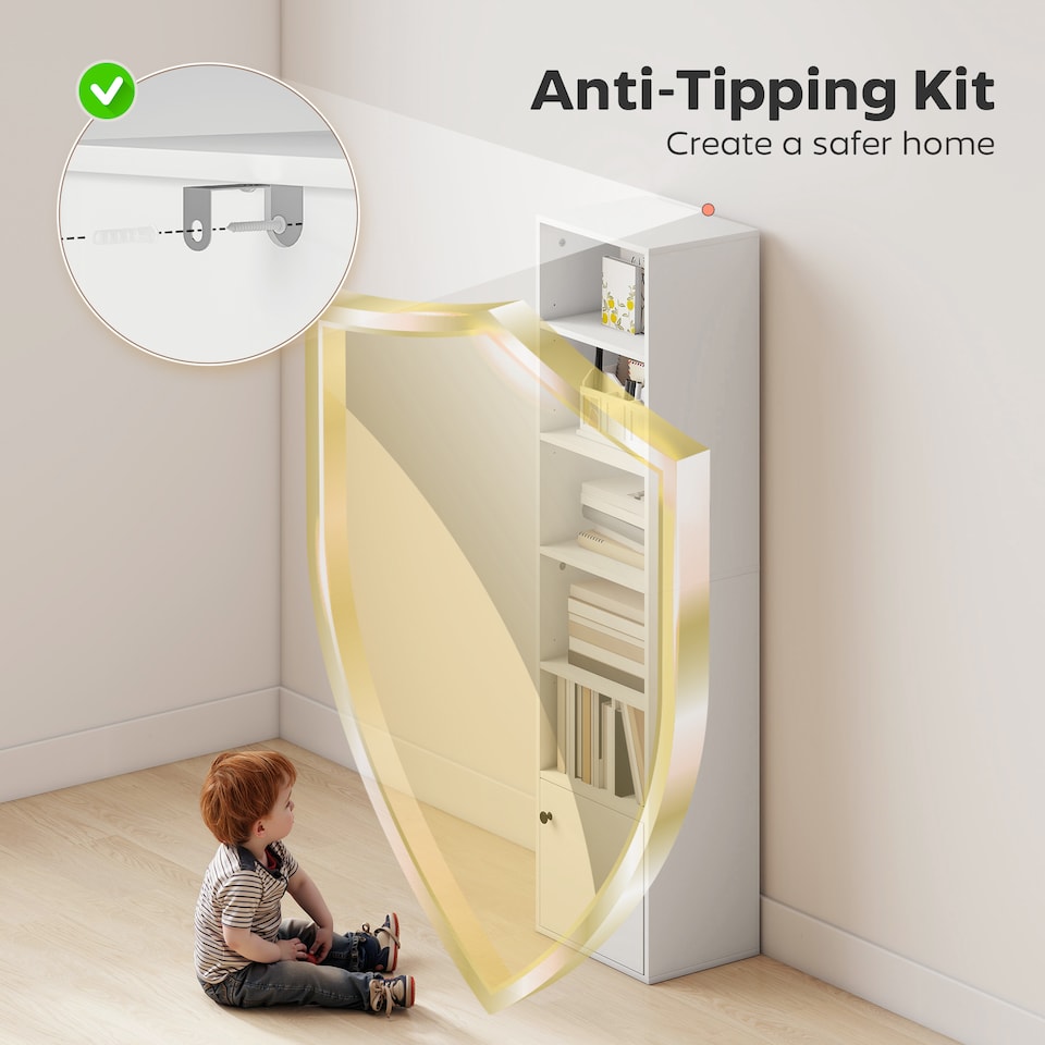 image 1 of HOMCOM Tall Bookcase, 6-Tier Narrow Bookshelf with 3 Adjustable Shelves and Cupboard, Modern Freestanding Shelving Unit for Living Room, Home Office, White