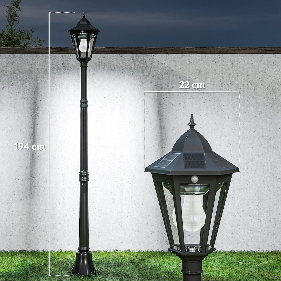 image 1 of Outsunny Outdoor Solar Powered Lantern Lamp Garden Lamp Post Light Black