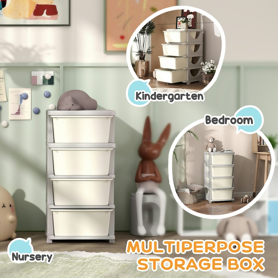 image 1 of HOMCOM Kids Storage Units with Drawers 3 Tier Chest Dresser Tower Cream | 37 x 37 x 76 cm