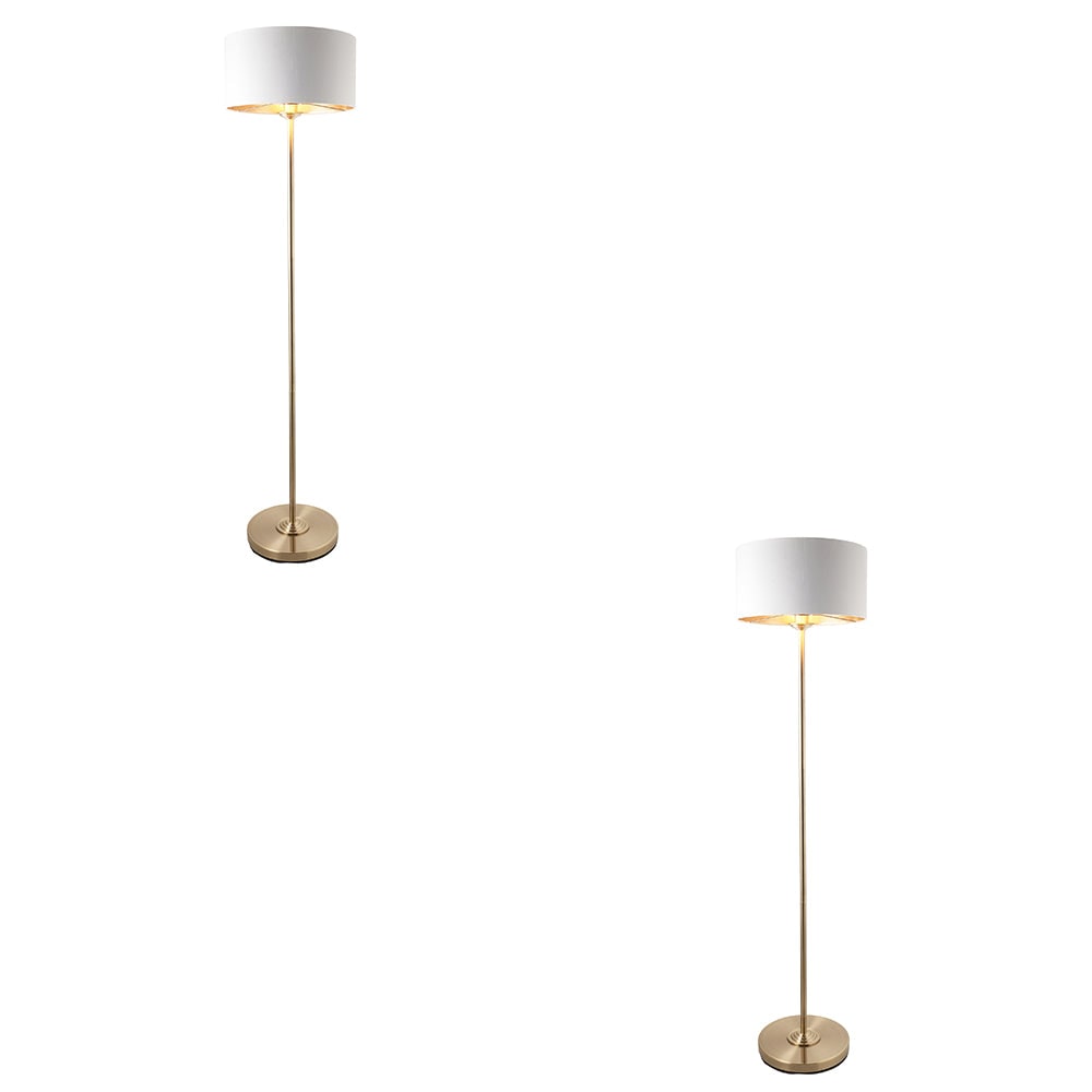 Sophisticated 2 Pack 1500mm Tall Floor Lamps in Antique Brass and Vintage White Fabric