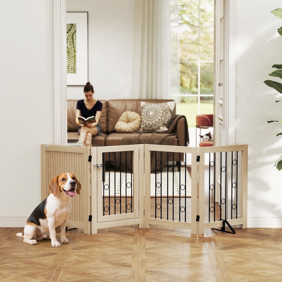 image 1 of PawHut Freestanding Pet Gate, Foldable Dog Gate with Lockable Door, Support Feet and 360 degree Flexible Hinges, 4 Panel Indoor Safety Dog Barrier for House, Stairs, Doorway, Oak
