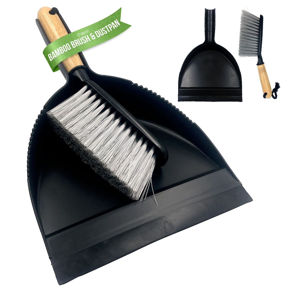 image 1 of Bamboo Handled Black Dustpan and Brush Set