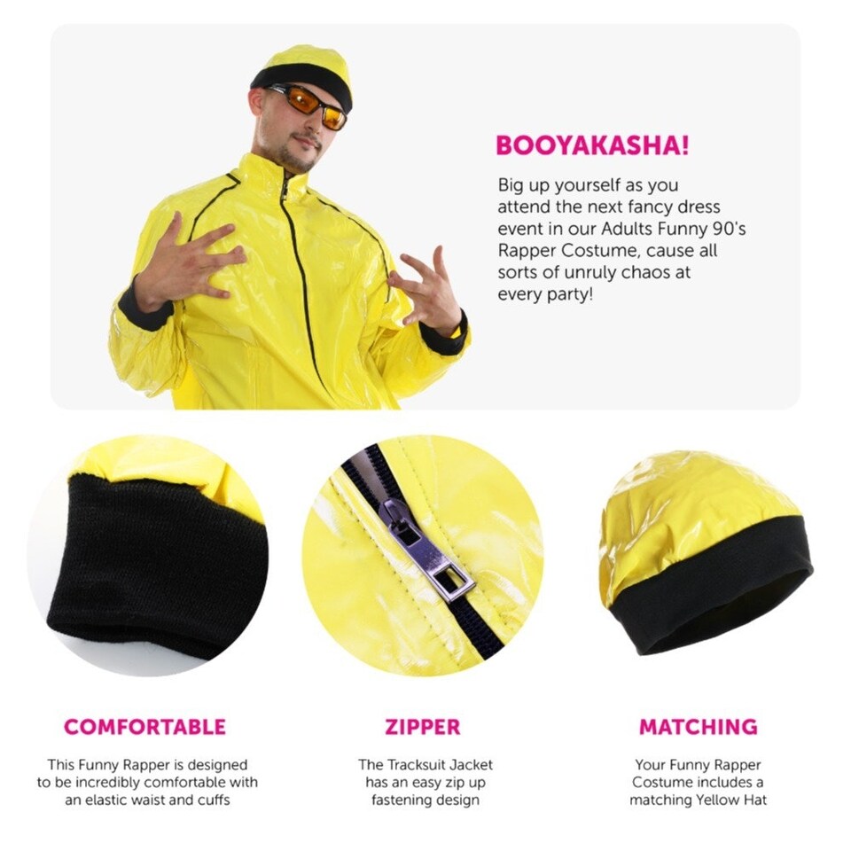 image 1 of 90's Rapper Costume - Yellow Hat & Glasses | Yellow | M