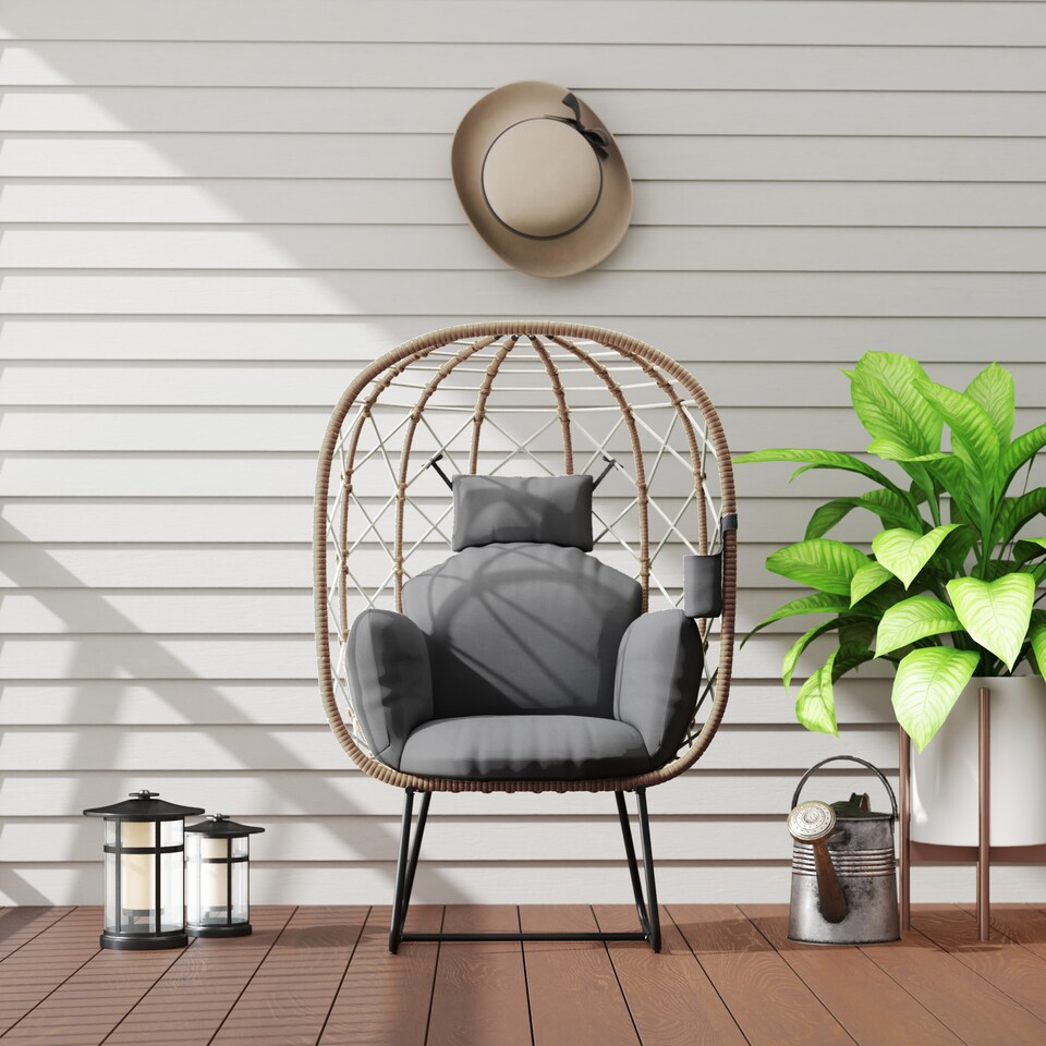 image 1 of Outsunny Rattan Egg Chair Outdoor Indoor Wicker Chair with Thickened Cushion and Headrest, Standing Garden Egg Chair with Cup Holder, Metal Frame for Patio, Balcony, Brown | Brown
