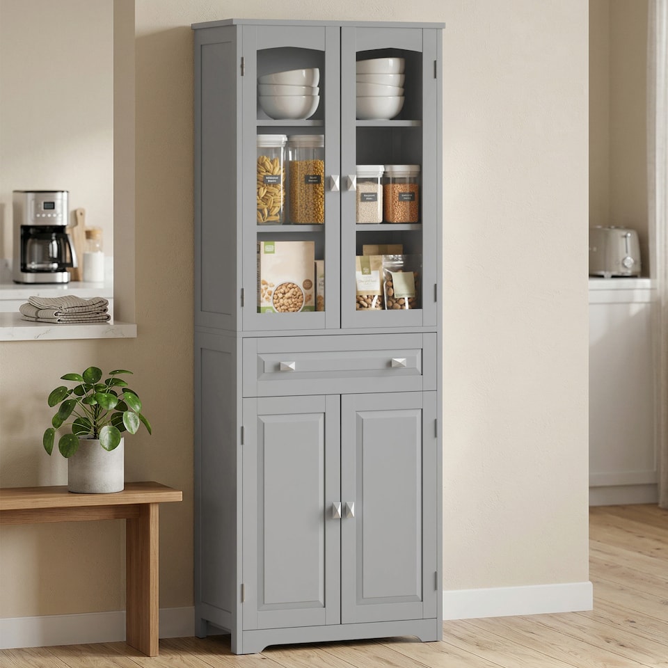 image 1 of HOMCOM Kitchen Cupboard Storage Cabinet Adjustable Shelves, Glass Door, Grey