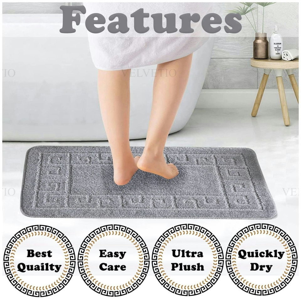 image 1 of VELVETIO Greek Bath Mat & Pedestal Mat Water Absorbent Non Slip Toilet Rugs Silver