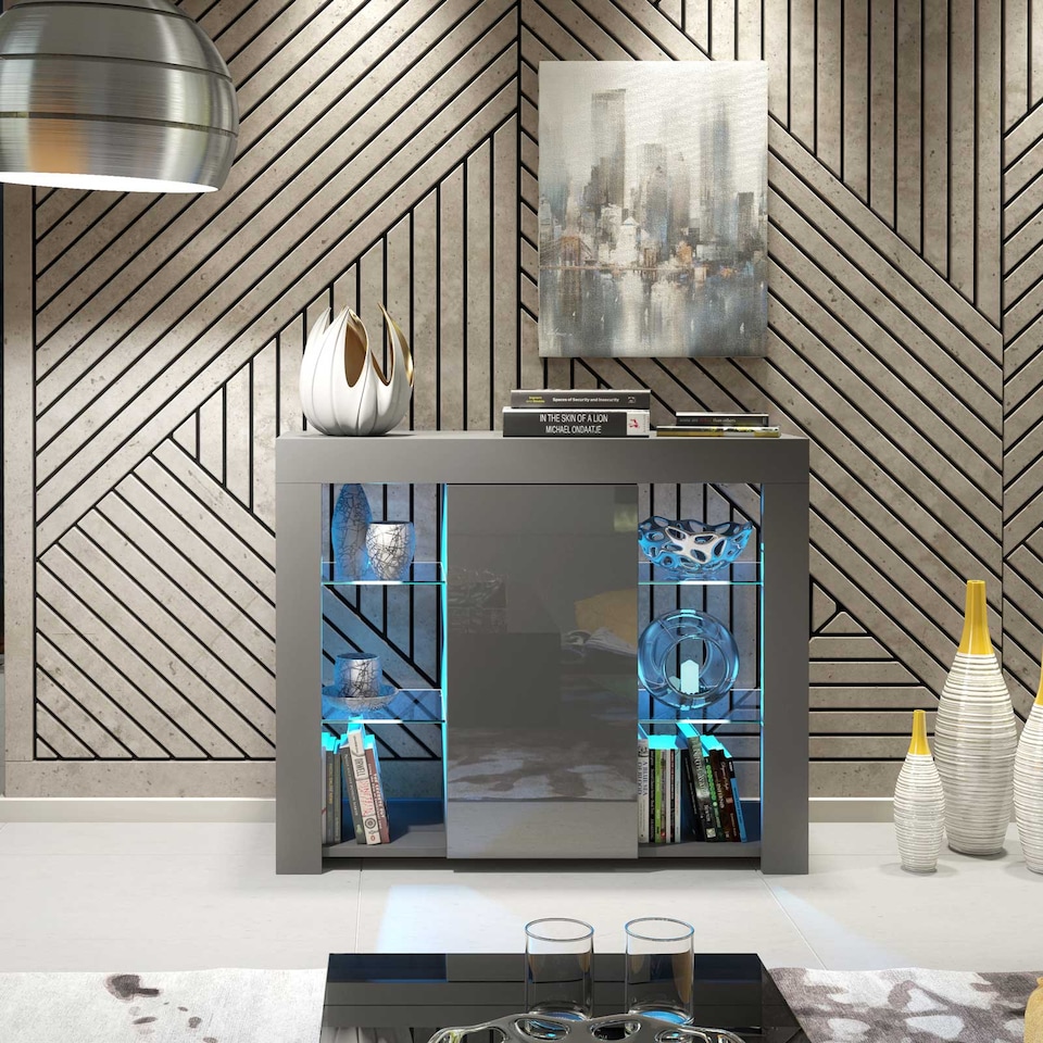 image 1 of Display Cabinet Bookcase Sideboard Storage Cabinet Cupboard Grey High Gloss LED 97.5cm