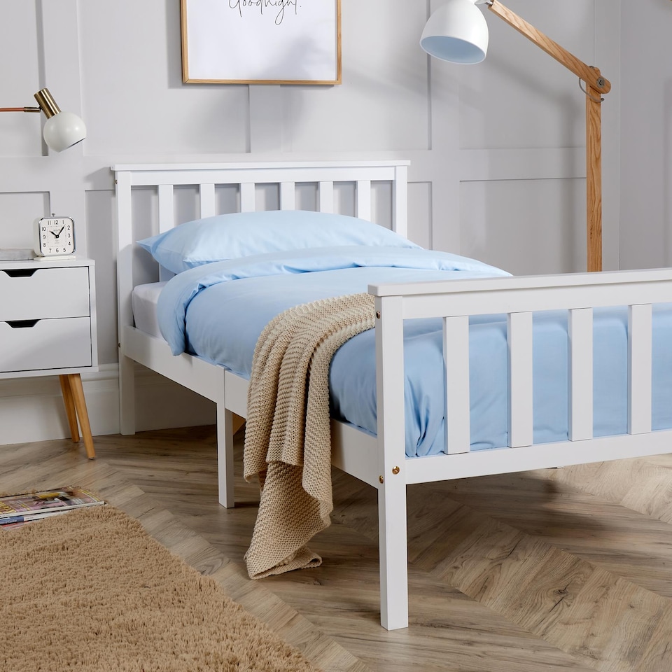 image 1 of Single Bed White Wooden 3ft Childrens Bed Headboard High End Slatted Base