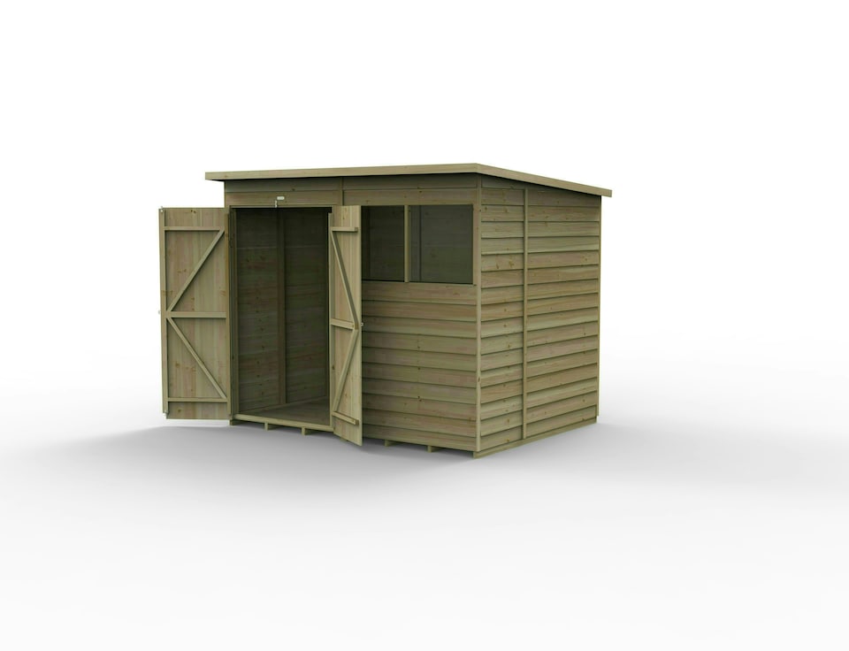 image 1 of Forest Garden 8x6 4LIFE Pent Shed 25yr Guarantee Overlap Pressure Treated - 2 Windows - Double Door | Brown
