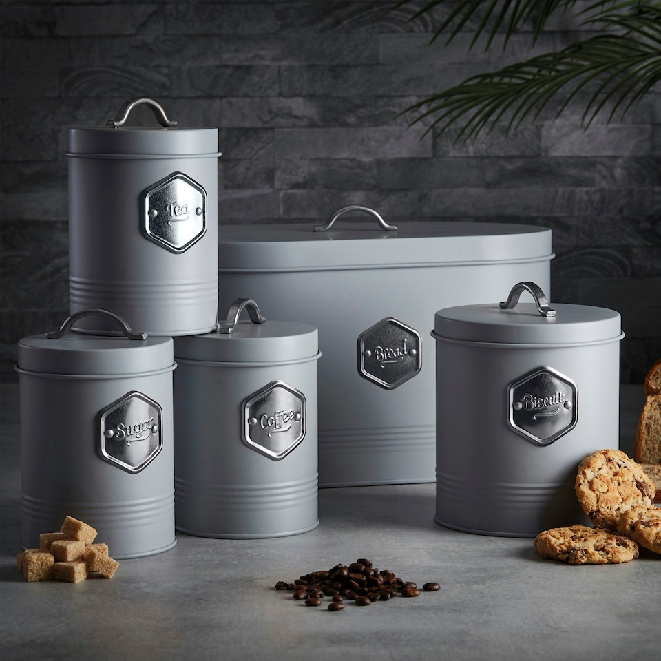 image 1 of Cooks Professional Kitchen Storage Set | 5-Piece | Bread Biscuit Tea Coffee Sugar | Grey & Silver