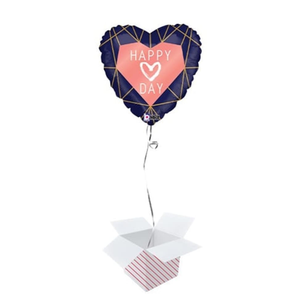 Happy Love Day Geo Navy Heart Shape Holographic Valentine's Foil Helium Balloon - Inflated Balloon in a Box