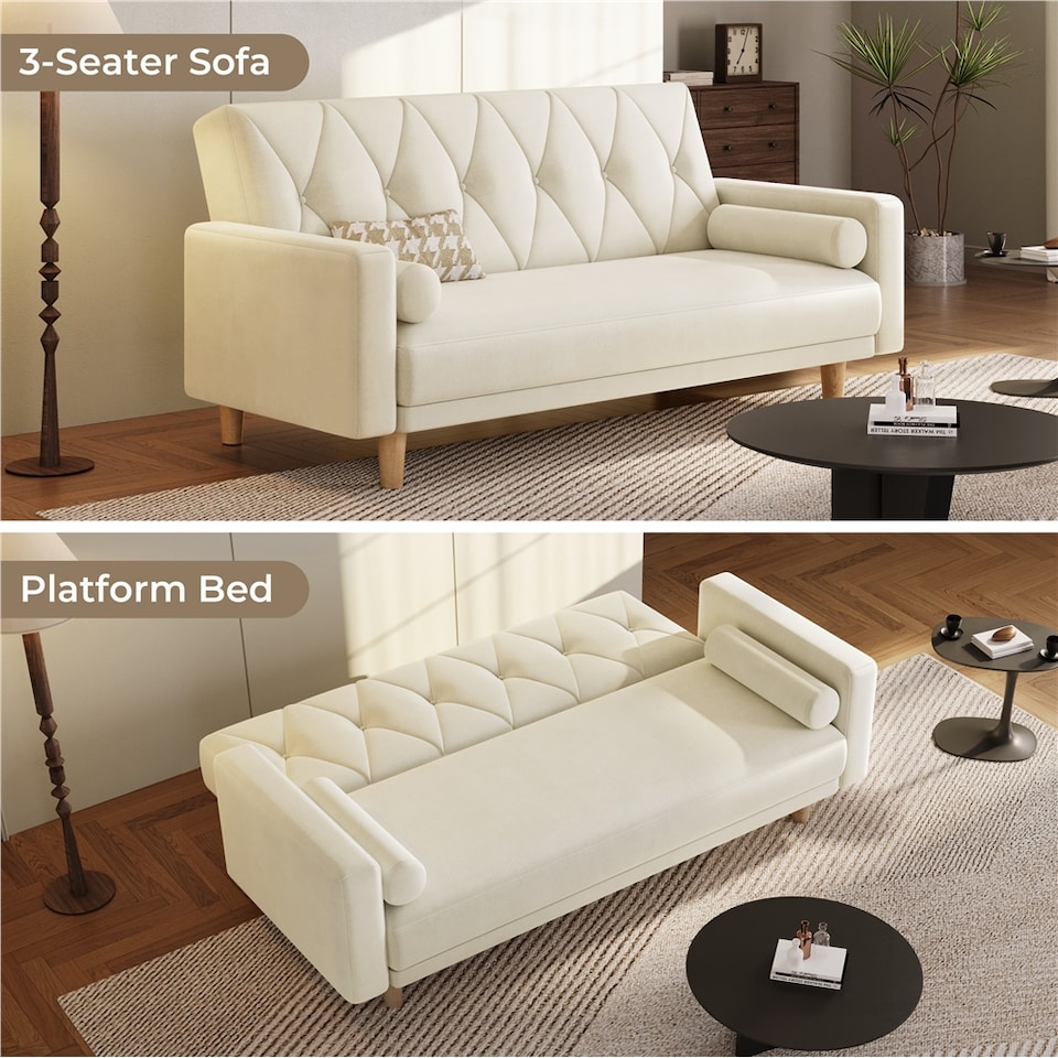 image 1 of Yaheetech Velvet Convertible Sofa Bed with 2 Bolster Pillows-Beige