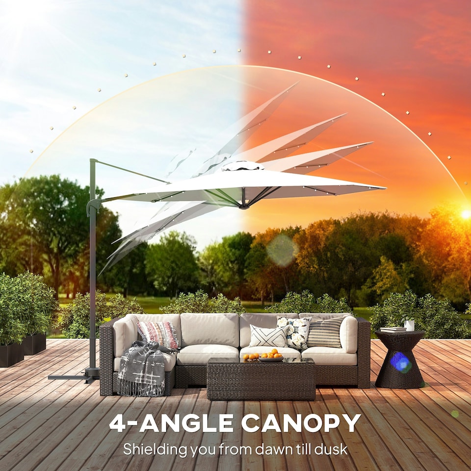 image 1 of Outsunny 3(m) Cantilever Parasol Patio Sun Umbrella w/ Base Solar Lights Grey