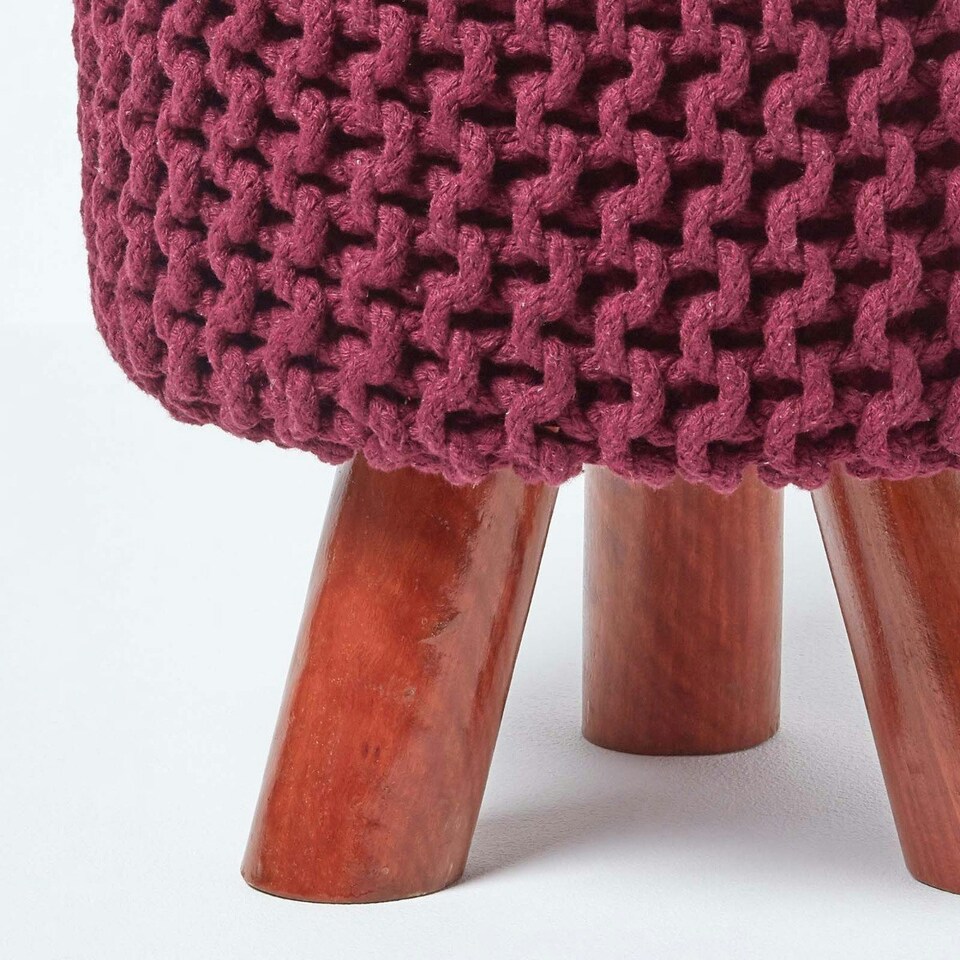 image 1 of Homescapes Plum Tall Cotton Knitted Footstool on Legs