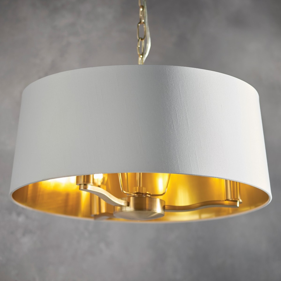 image 1 of Harvey 3 Light Ceiling Pendant Satin Brushed Gold, Vintage White Silk Effect, E14