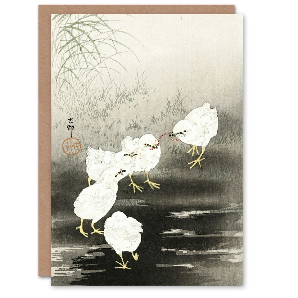 image 1 of Ohara Koson Japanese Art Card Chicks Eating Worms