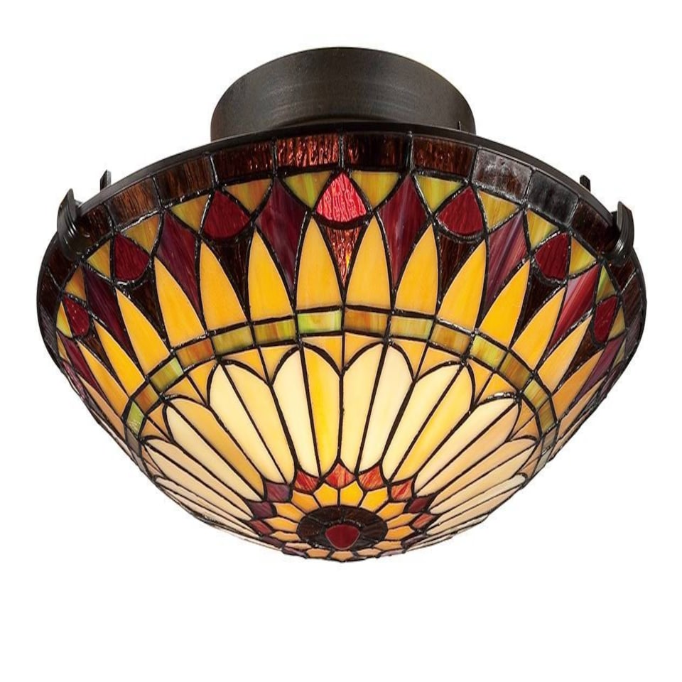 West End 2 Light Flush Ceiling Light Vintage Bronze, Tiffany Glass, E27