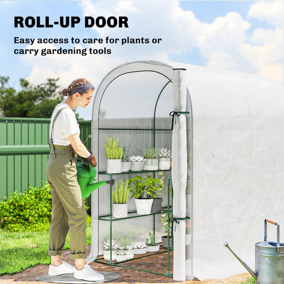 image 1 of Outsunny Walk-in Greenhouse Garden Plant Growhouse with Roll-up Door, White | White | White