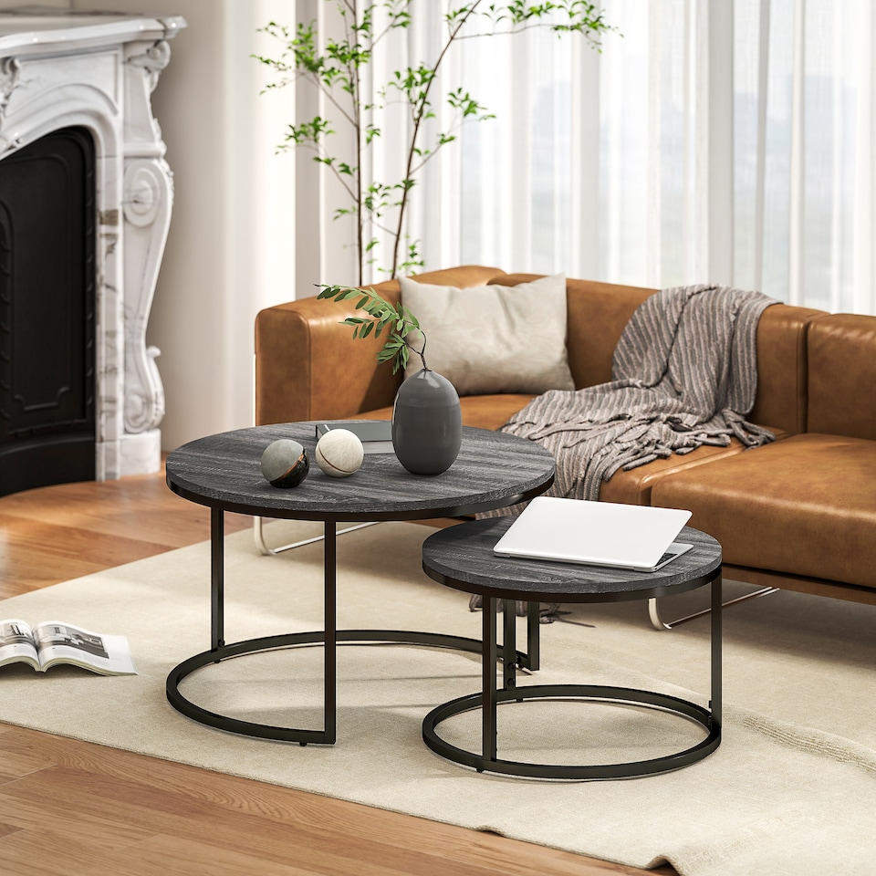 image 1 of HOMCOM Round Nesting Coffee Table Set of 2, Large Stacking End Side Table with Steel Frame for Living Room, Bedroom, Home Office, 78.5 x 78.5 x 46.5 cm, Black | Black