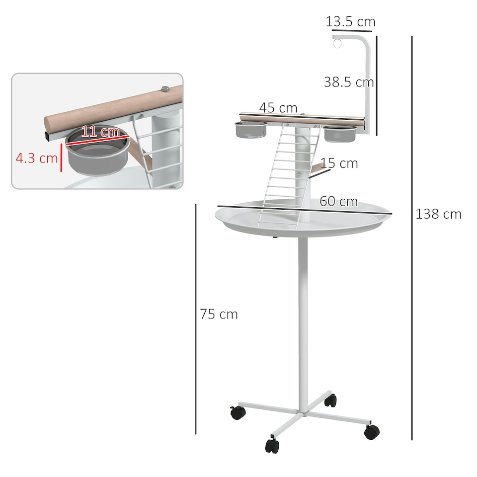 image 1 of PawHut Bird Table with Four Wheels, Perches, Stainless Steel Bowls, Round Tray