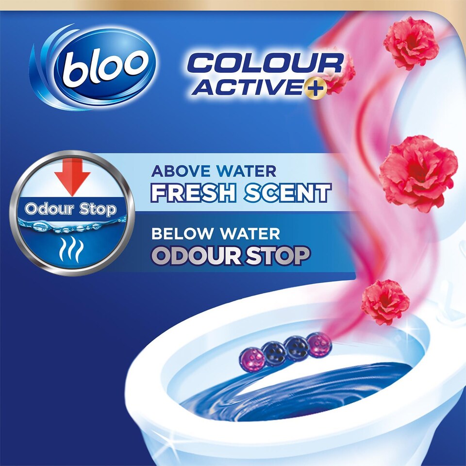 image 1 of Bloo Toilet Rim Block Colour Active+Flower with Odour Stop Technology 2x50g, 12 Pack | Multi | 12