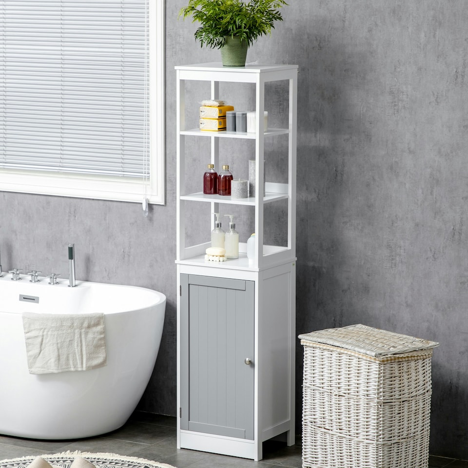 image 1 of kleankin Bathroom Tall Storage Cabinet Organizer Tower w/ Door Shelves White
