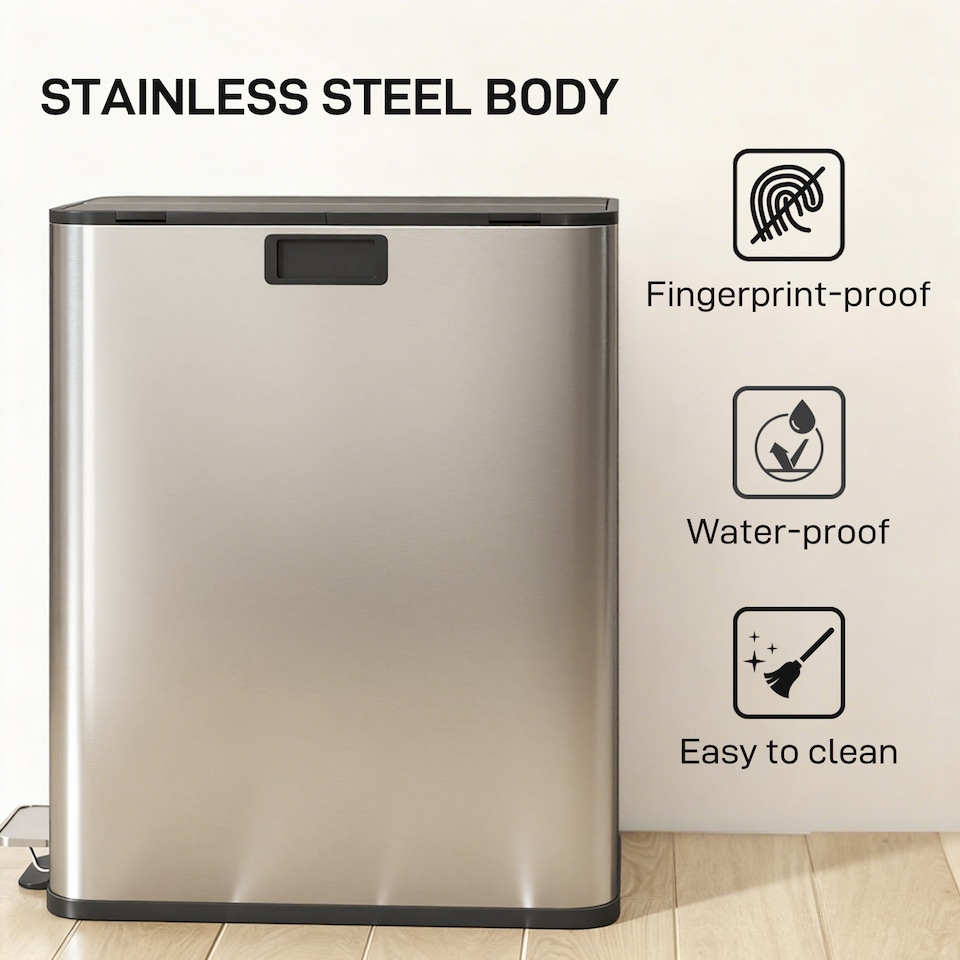 image 1 of 56L Dual Kitchen Bin with Removable Inner Buckets for Recycling and Waste | Silver