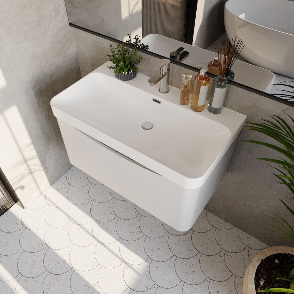 image 1 of Balterley Arch Modern Bathroom Wall Hung 1 Drawer Vanity Unit & Ceramic Basin | White | Satin White