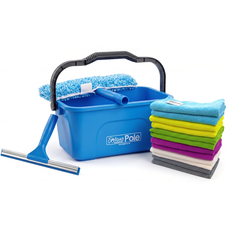image 1 of IGADPole 12L Window Cleaning Bucket Kit with 14" Squeegee & Microfibre Washer Head + 12x Free Microfibre Cloths