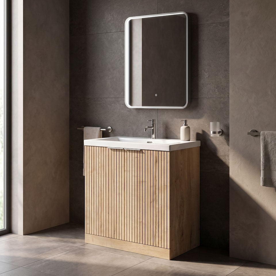 image 1 of Balterley Callingwood Contemporary Floor Standing 2 Door Vanity Unit with 1 Tap Hole Fireclay Basin , 800mm, Autumn Oak