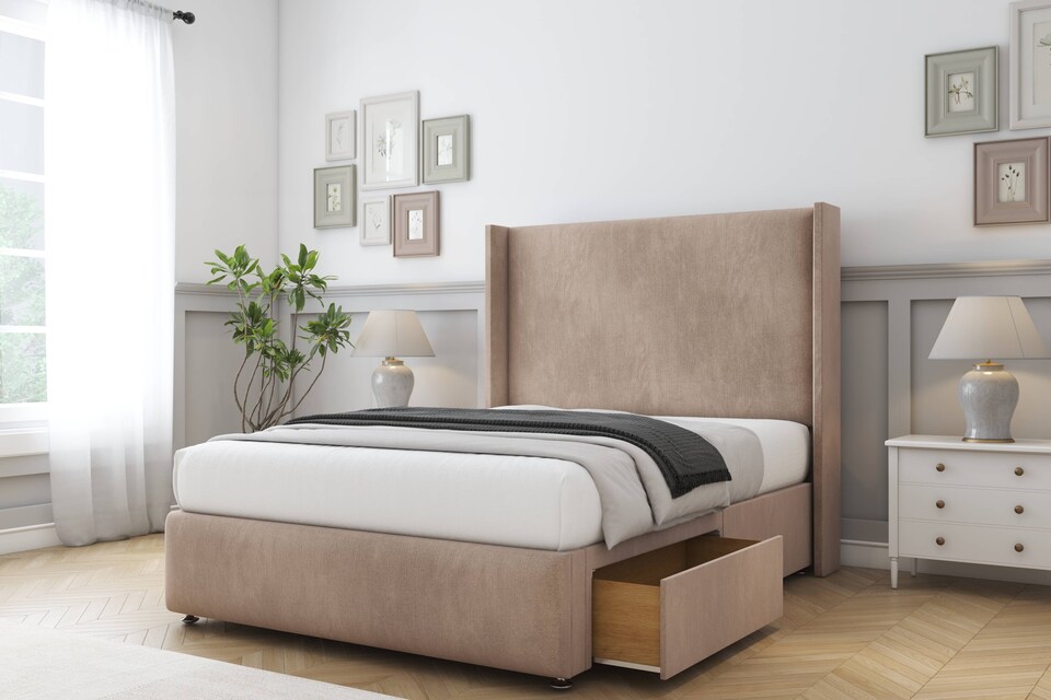 image 1 of Sloomy Stratford Mink Naples Divan Bed Base 2 Drawers Foot-End With 54 Inch Wingback Headboard & 12 Inch Matching Footboard | Brown | Mink | Small Double | 1