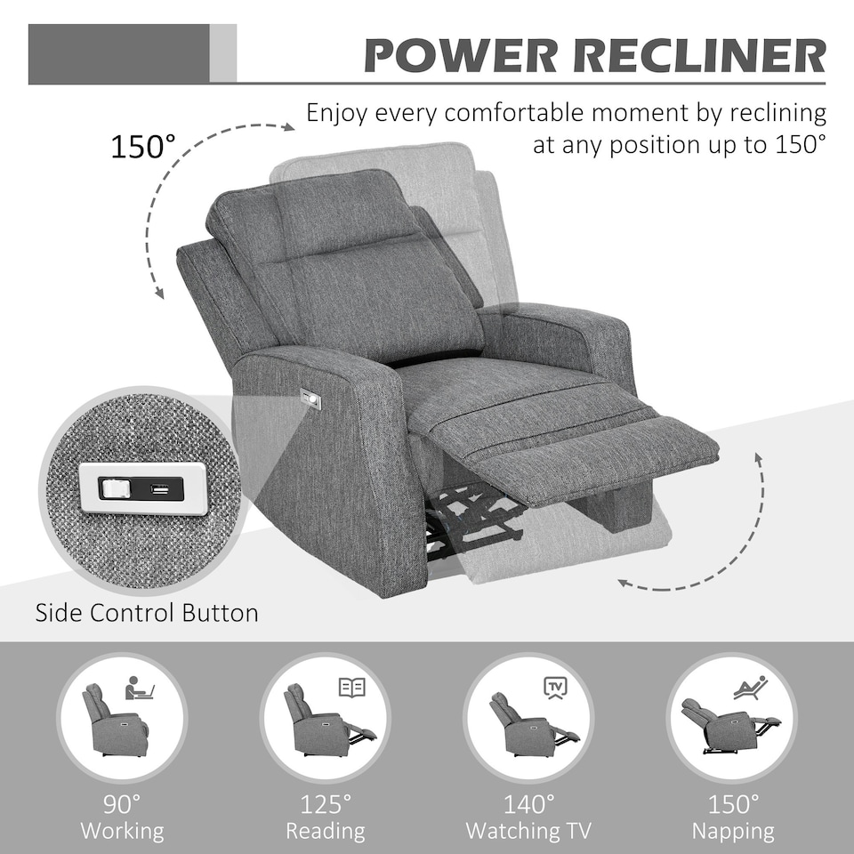 image 1 of HOMCOM Electric Armchair, Fabric Recliner Chair with USB Port, Charcoal Grey