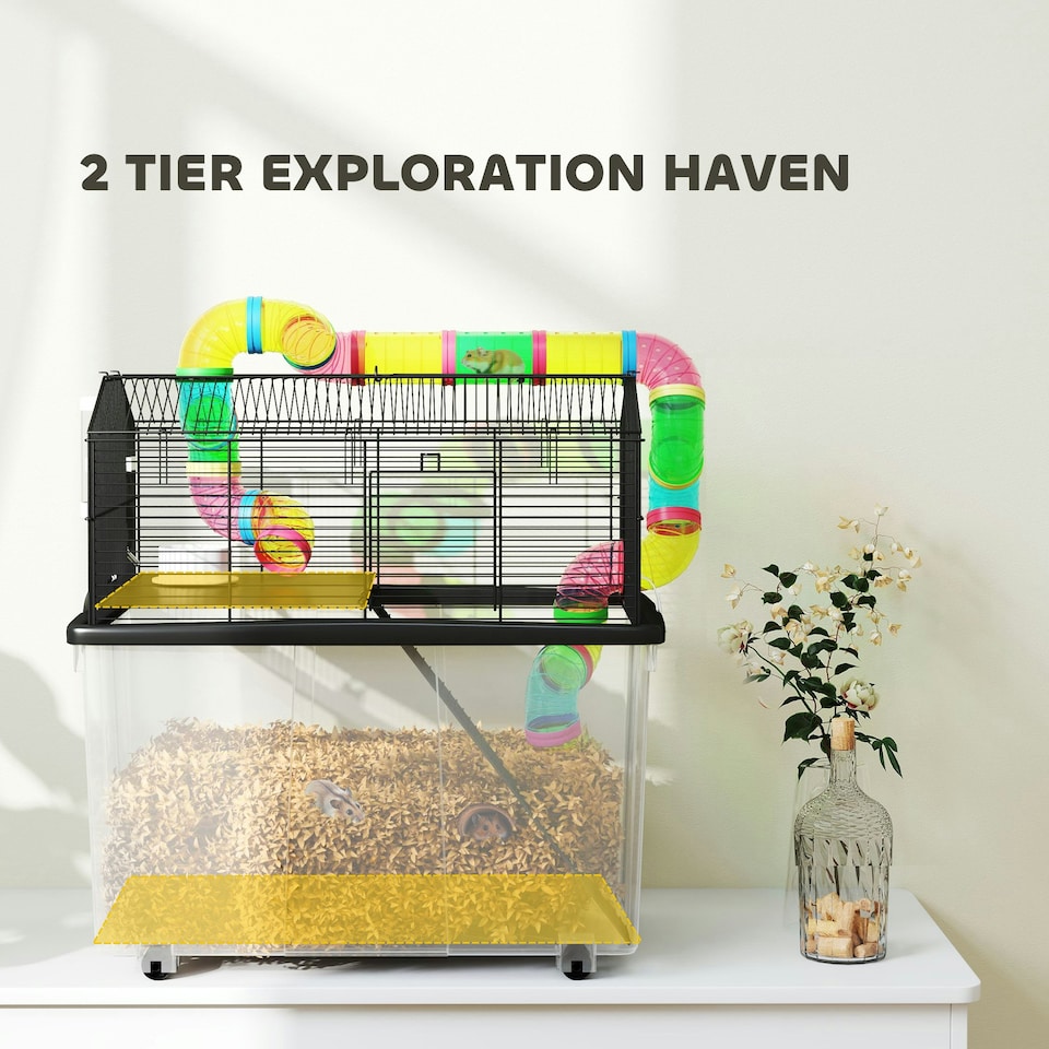 image 1 of PawHut Hamster Cage with 31cm Deep Tray, Tube, 58 x 43 x 57cm