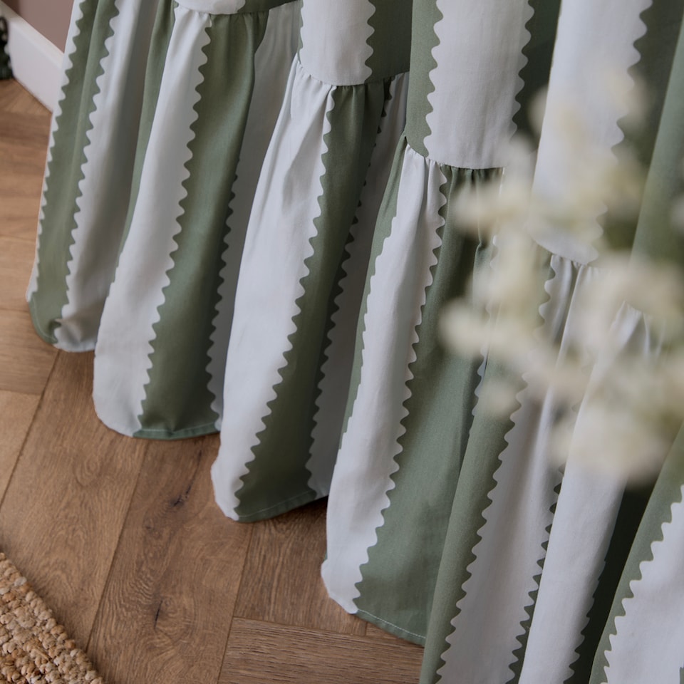 image 1 of Wylder Birdie Stripe Fully Lined Ruffle Pencil Pleat Curtain Pair Baygreen/Mist (W) 117cm x (D) 137cm | Green | Baygreen/Mist | 1