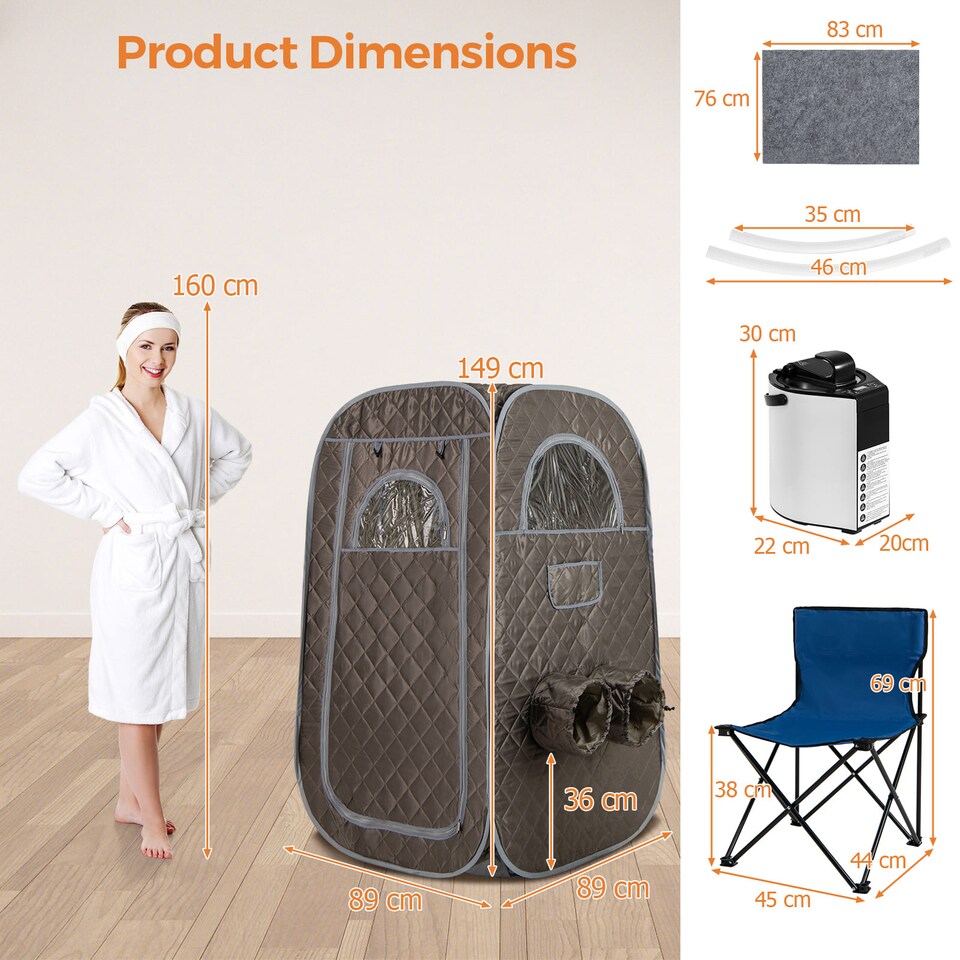 image 1 of COSTWAY Portable Steam Sauna Tent 1 or 2 People Sauna Tent Foldable Chair-Gray