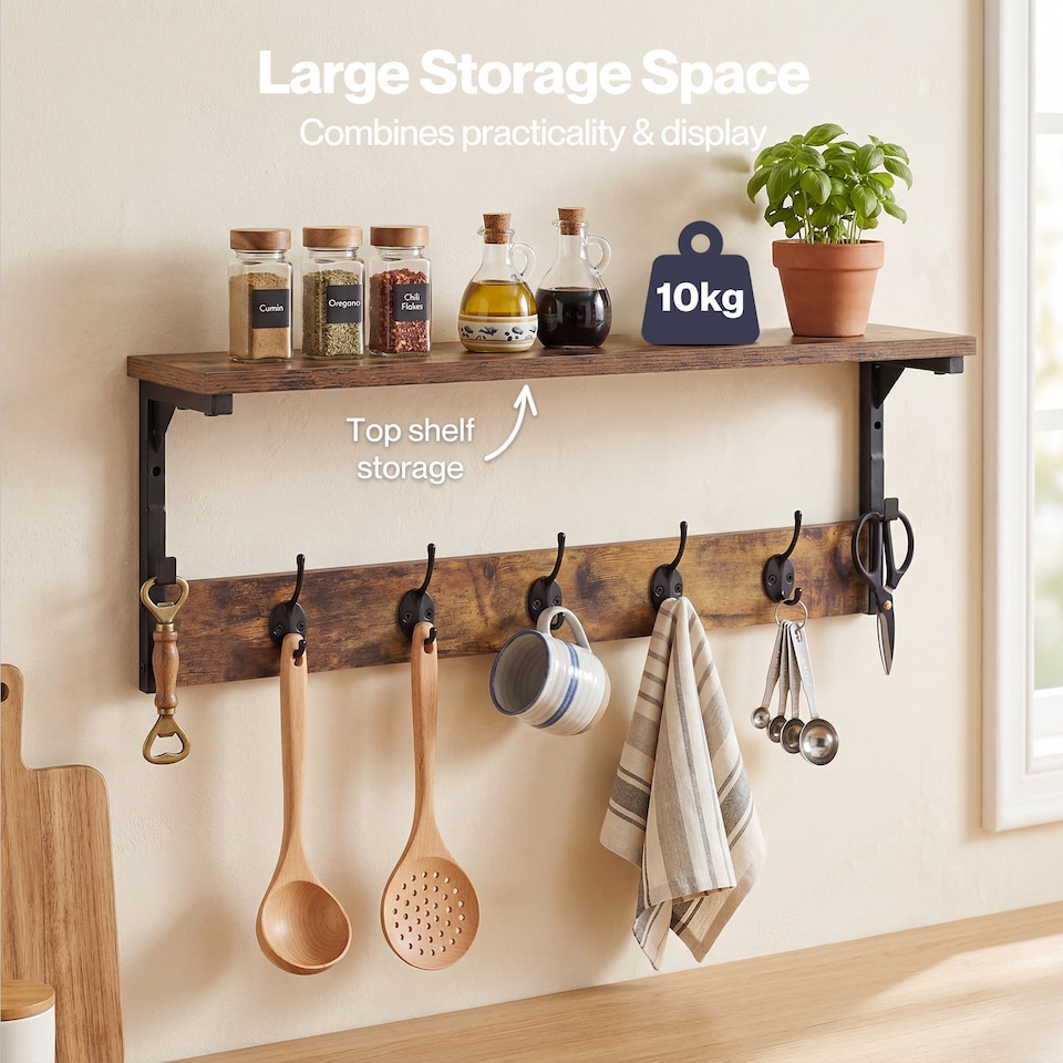 image 1 of Levede Coat Rack Wall Mounted Shelf 7 Hooks Heavy Duty Entryway Storage Brown