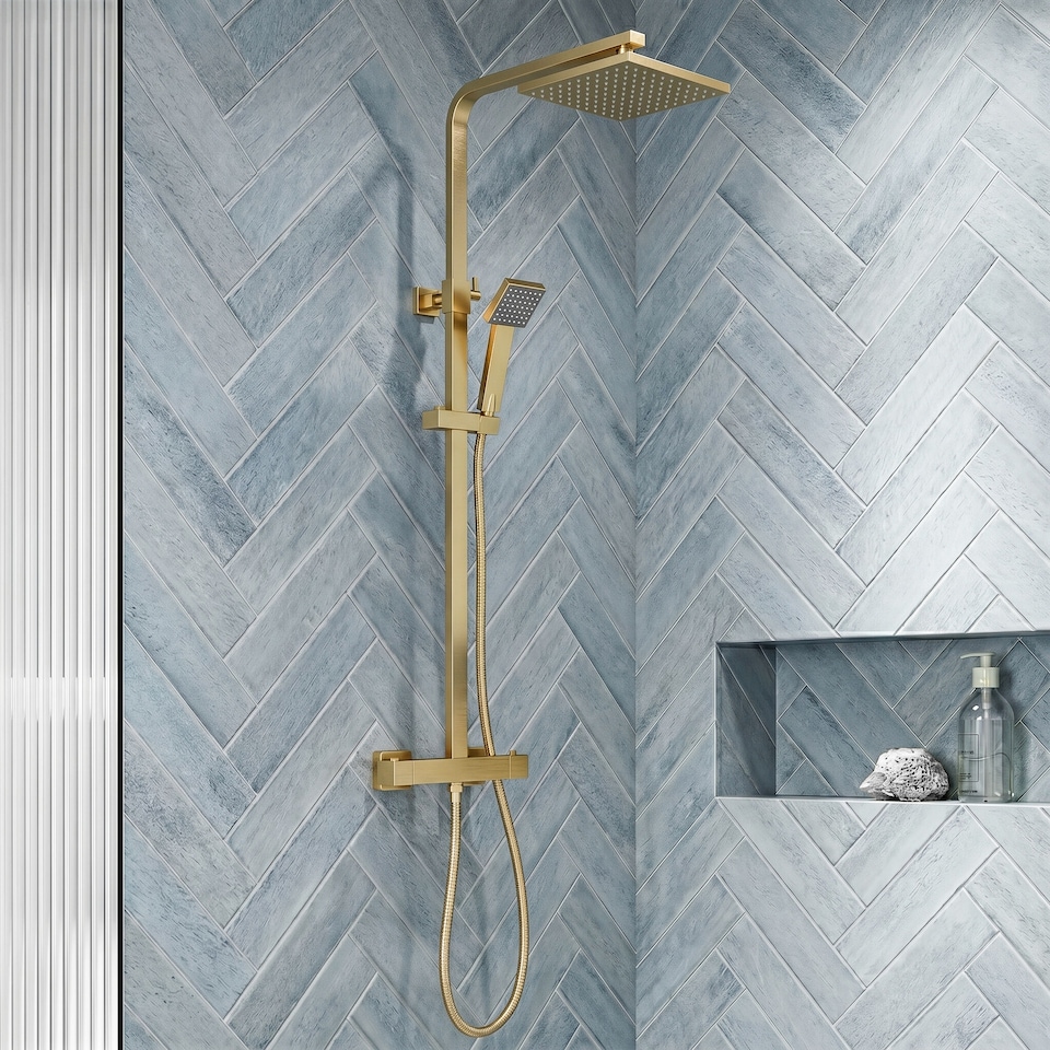 image 1 of Balterley Empire Square Thermostatic Shower Kit with Fixed Head and Adjustable Handset | Copper | Brushed Brass | 1