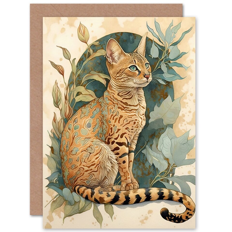 image 1 of Ocicat and Plants Modern Art Nouveau Cat Lover Art Card