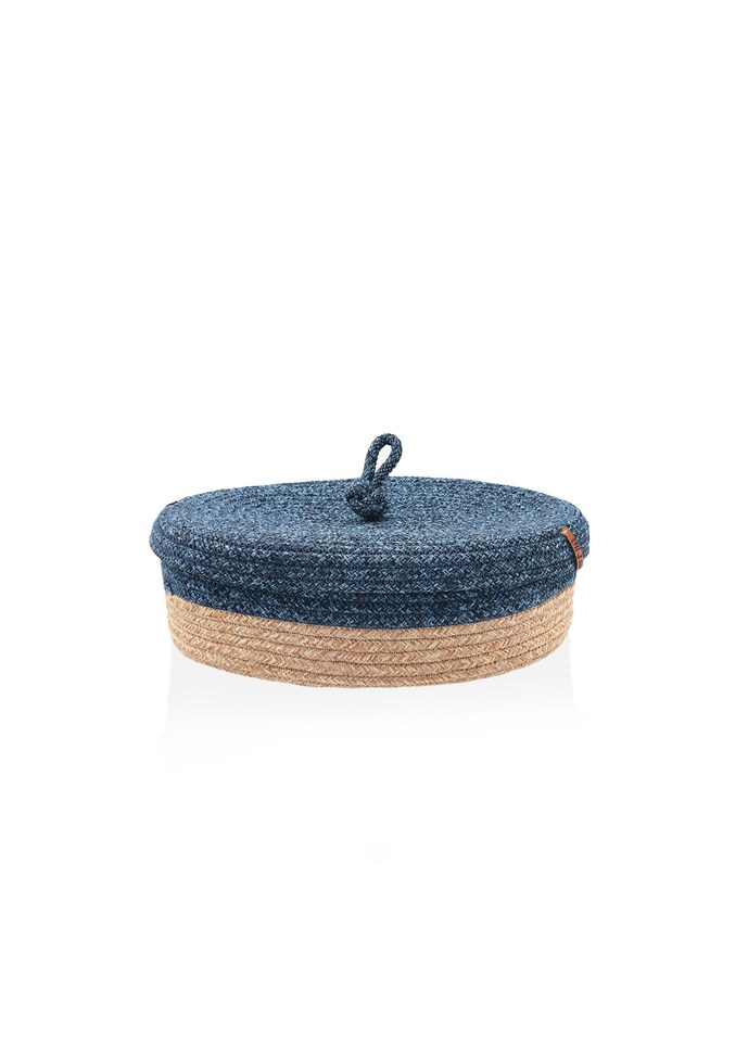 image 1 of Jute Handwoven Storage Basket With Lid (Blue)