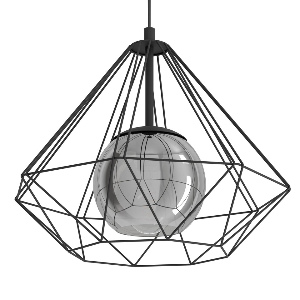image 1 of EGLO Vernham Black Smoked Glass & Steel Single Pendant, 44.5cm