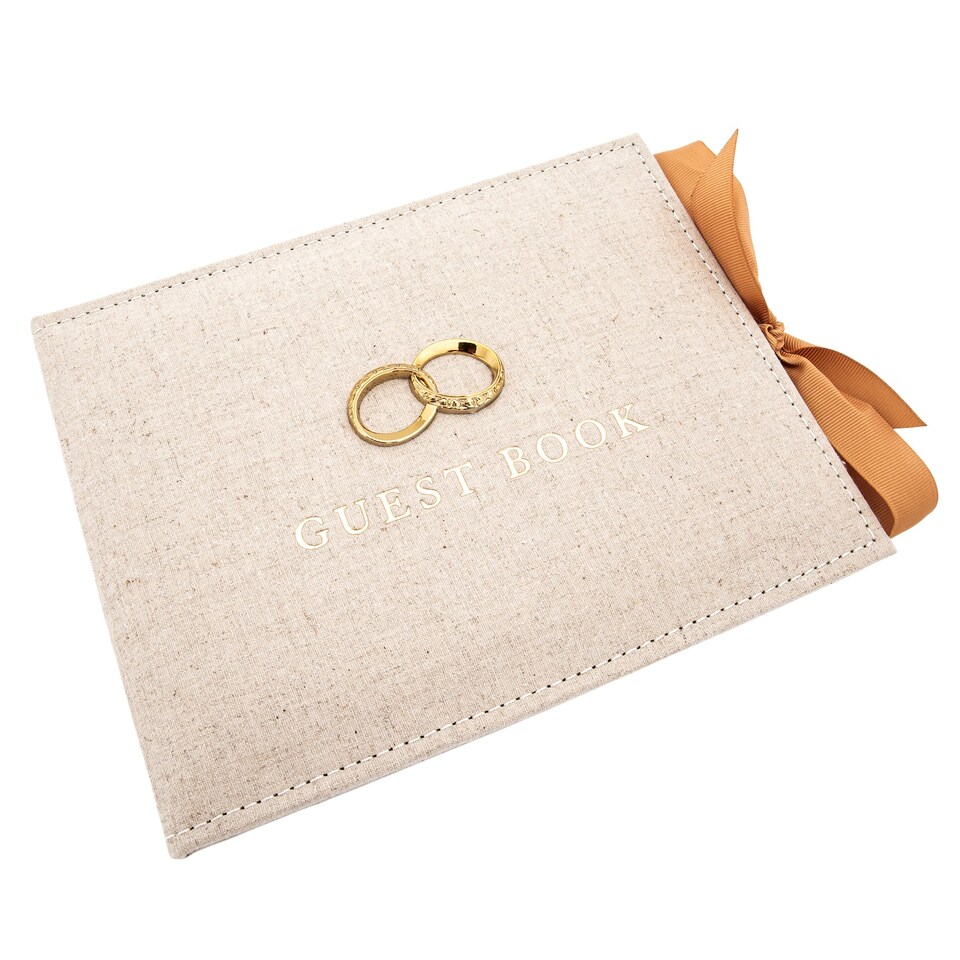 image 1 of Natural Linen Fabric Wedding Day Guest Book with Shiny Gold Rings