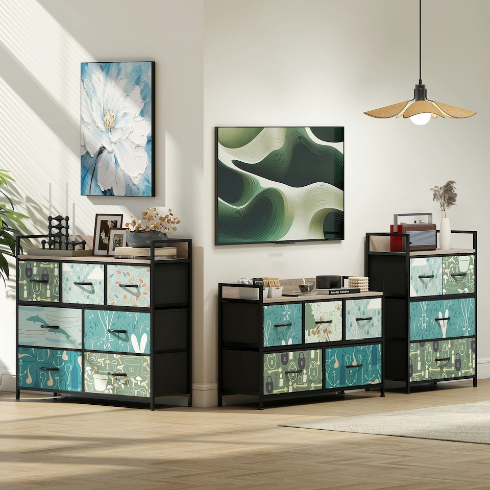 image 1 of HOMCOM 7-Drawer Chest of Drawers, Fabric Dresser with Open Shelf, Blue | Blue | Black frame, Brown wood-effect top | One Size | 1